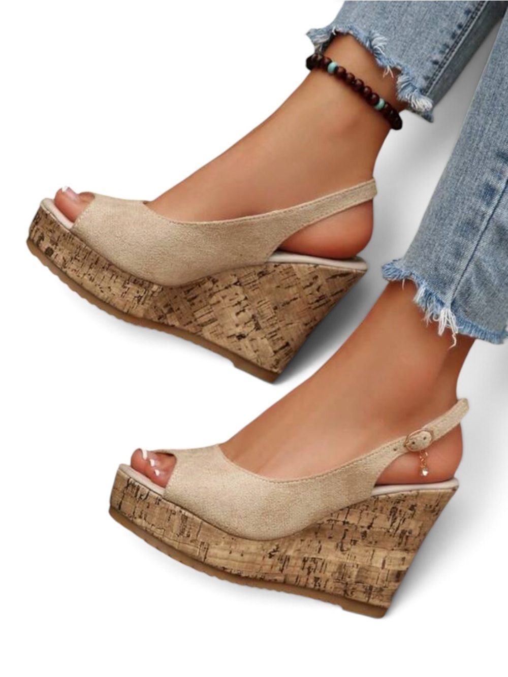 Beige Cork Wedge Peep-Toe Slingback Sandals NEW